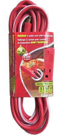 Ritecord 14-ft 7-in 16/3 Outdoor Extension Cord with 3 Grounded Outlets, Red/White/Green N1