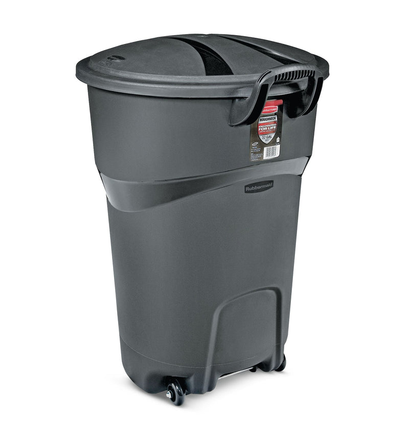 Rubbermaid Plastic Circular Wheeled Garbage Can with Handle, Black, 121-L C7