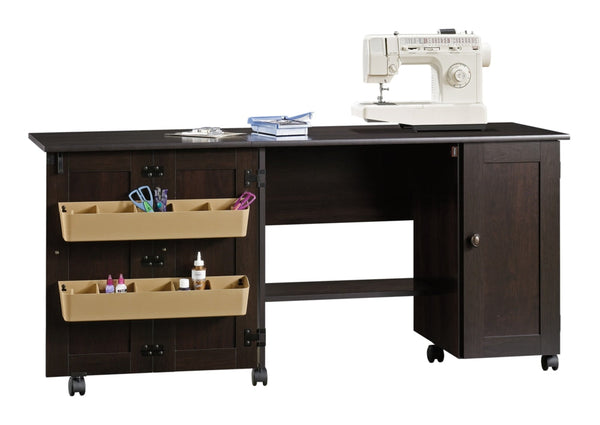 Sauder Folding Sewing & Craft Table/Storage Cart with Locking Wheels, Cinnamon Cherry Finish F2