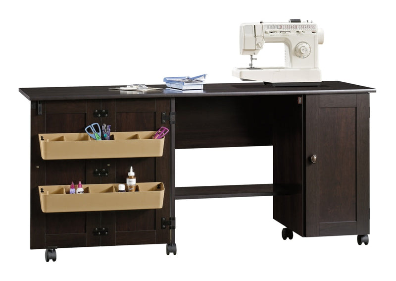Sauder Folding Sewing & Craft Table/Storage Cart with Locking Wheels, Cinnamon Cherry Finish F2