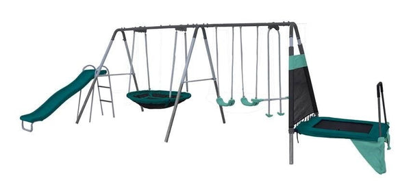 Sportspower Outdoor Ravine Metal Swing Set Combo, 2 Swings, Glider, Trampoline & Saucer Y9