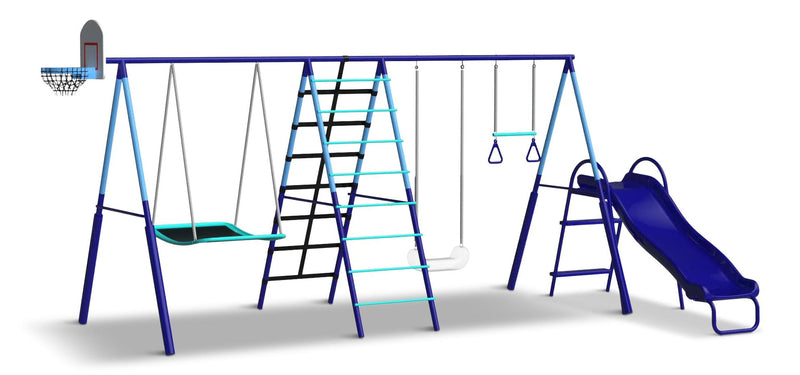 Sportspower Sunset Slam Kids' 7-Station LED Metal Swing Set Combo with Basketball Hoop & Slide Y9