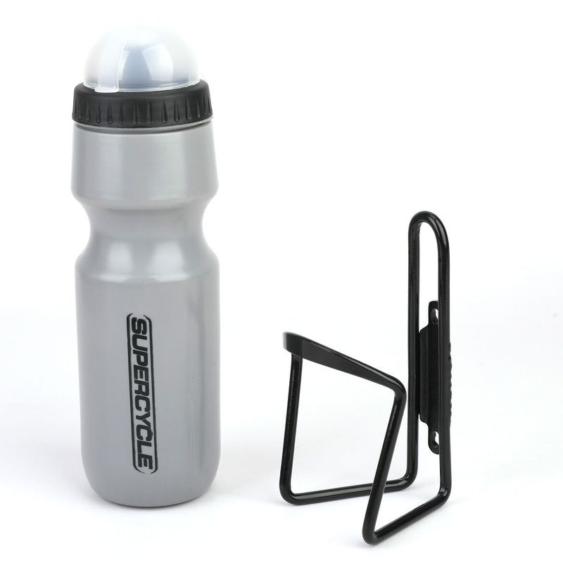 Supercycle Wide Mouth Self-Sealing Bike Water Bottle withCage/Holder, BPA Free, Silver, 21-oz I6