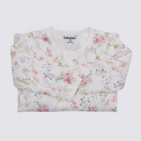 The Elk Baby Floral Print Premium Organic Cotton Play and Grow Rib Foot Zippy, Various Sizes Z9