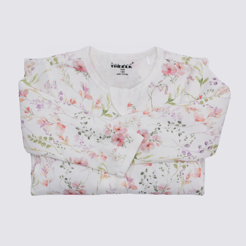 The Elk Baby Floral Print Premium Organic Cotton Play and Grow Rib Foot Zippy, Various Sizes Z9