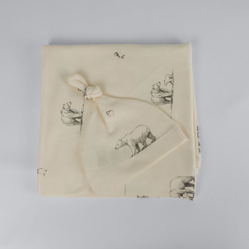 The Elk Baby Polar Bear Print Premium Organic Cotton Blanket and Beanie Set F2