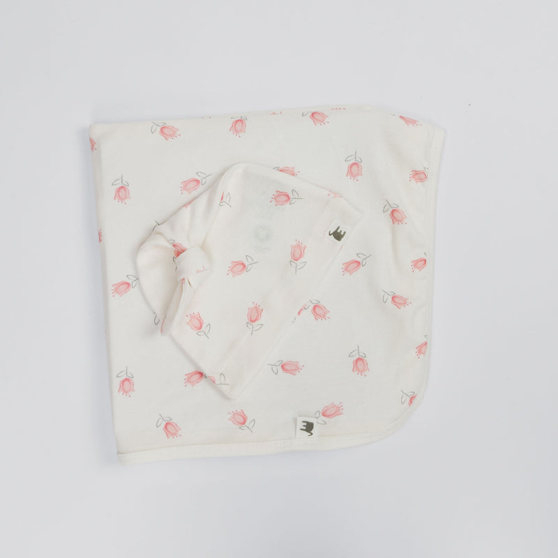 The Elk Baby Tulip Print Premium Organic Cotton Blanket and Beanie Set O7