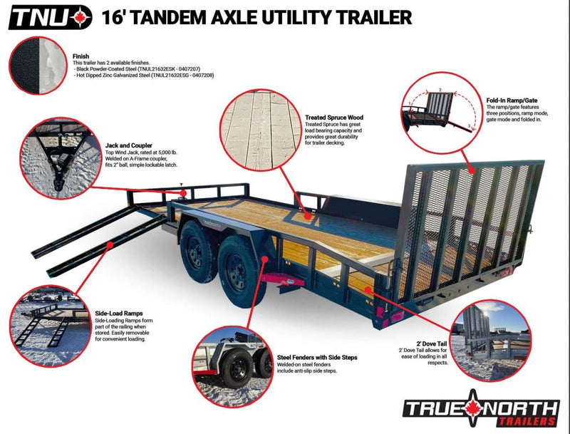 True North 83-in x 16-ft Tandem Axle Utility Trailer, Black G3