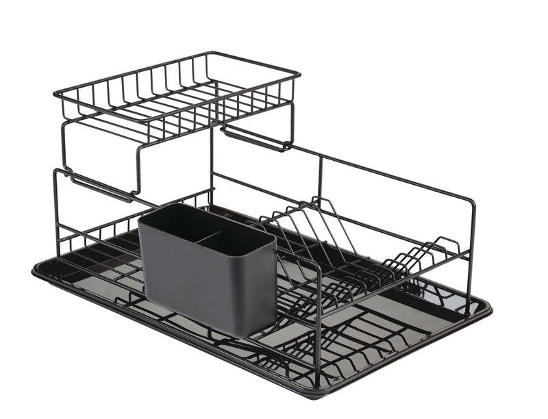 Type A Perspective Steel 2-Tier Dish Drying/Draining Rack with Cutlery Holder, 18.2 x 12.3-in, Black D1