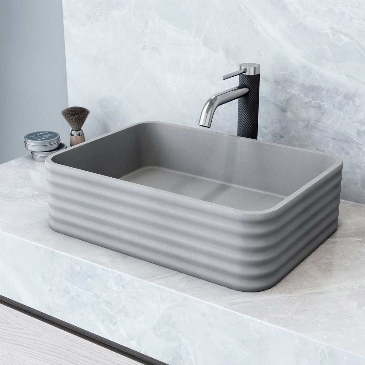 VIGO Cadman ConcretoStone 18-in Deep Grey Bathroom Sink/Basin with Rectangular Fluted Vessel