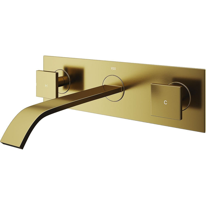 VIGO Titus Wall Mount Dual Handle Bathroom Sink Faucet, Eco-Friendly 1.2 GPM Flow Rate, Matte Brushed Gold F2