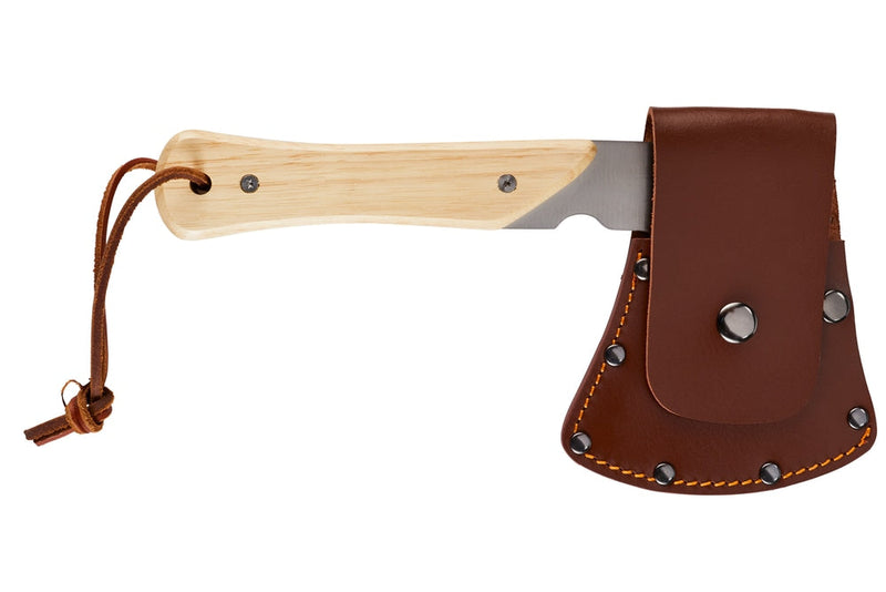 Woods Mini Pack Axe, Steel Single-Bit Hatchet Axe with Wooden Handle, Leather Sheath & Strap W7