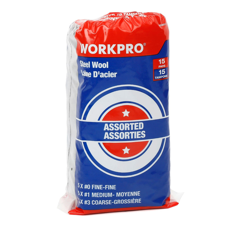 Workpro Steel Wool Pads For Multi-Surface Smoothing & Cleaning, Assorted Grade Pack, 15-pk Q6